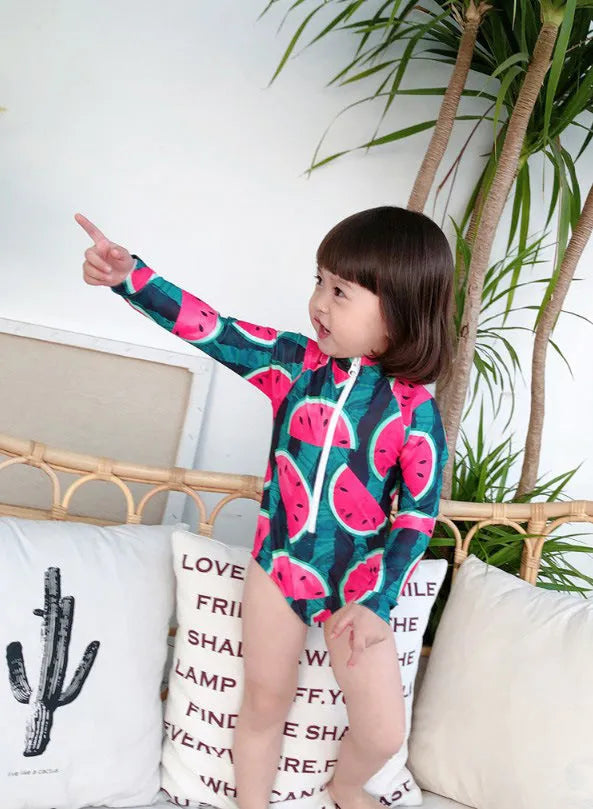 Cool watermelon children's swimsuit set with long sleeves and fruit print for girls