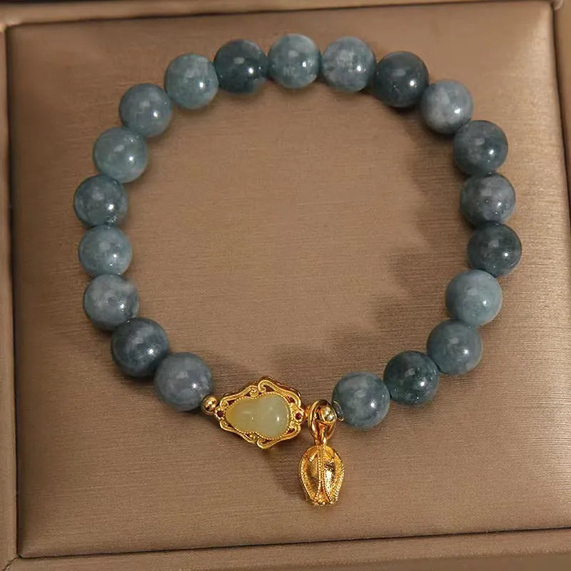 Sky blue natural stone bracelet for women with a gourd lotus pendant and flower-shaped beads