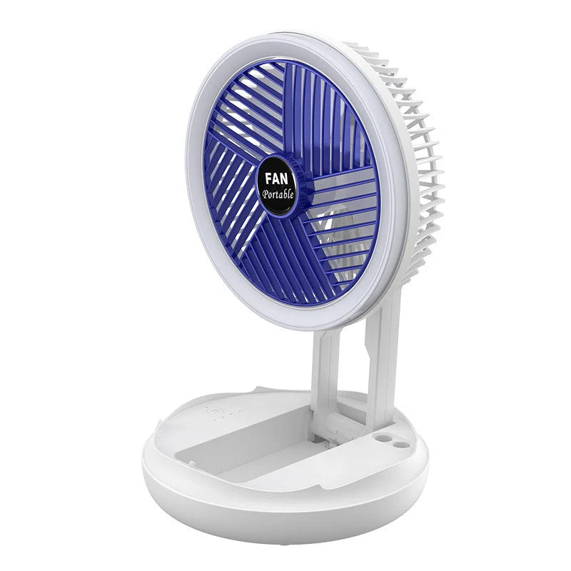 USB charging foldable table fan with LED light and adjustable speeds in grey and blue