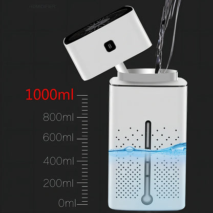 Black and white air purifier humidifier with LED lights and water tank for desktop use