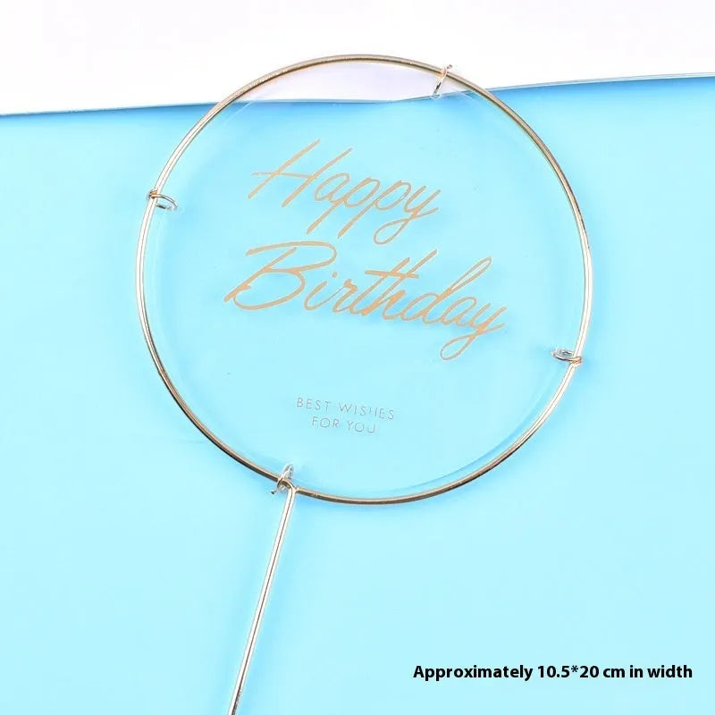 Acrylic happy birthday cake inserting card with plastic panel and wrought iron stem, butterfly pink colour