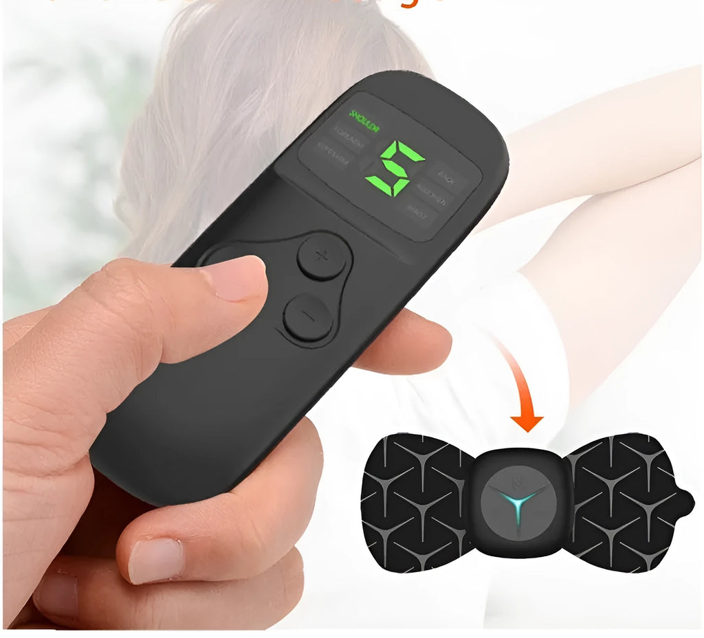 Mini shoulder and neck massager with six pulse modes in black and white