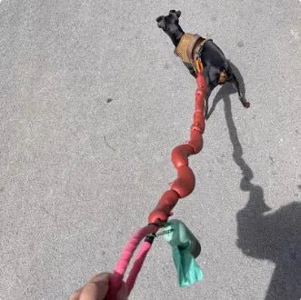 Brown dog rope toy with sausage segments and hand grip measuring 108cm length