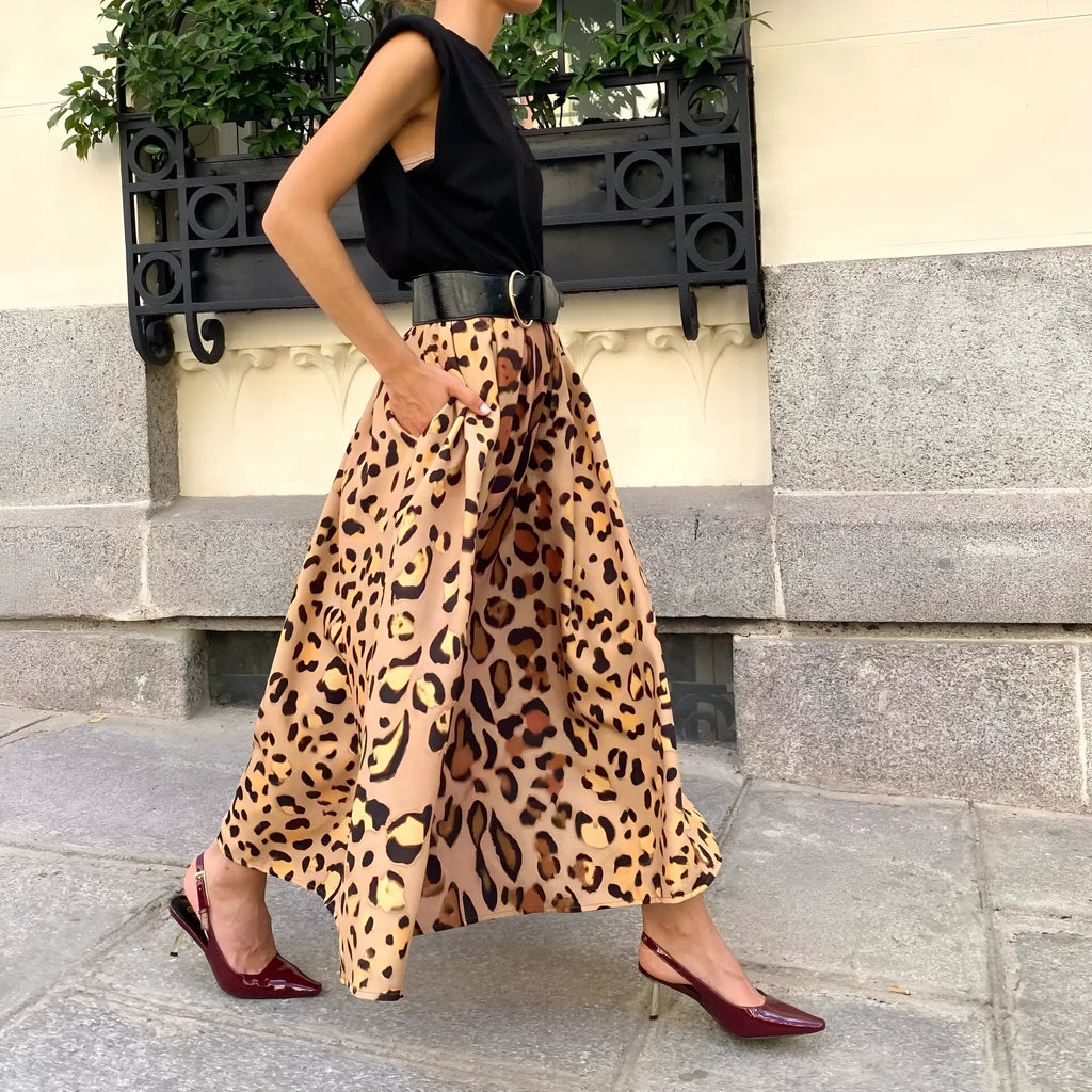 Brown leopard print women's A-line long skirt with an elasticated waistband.