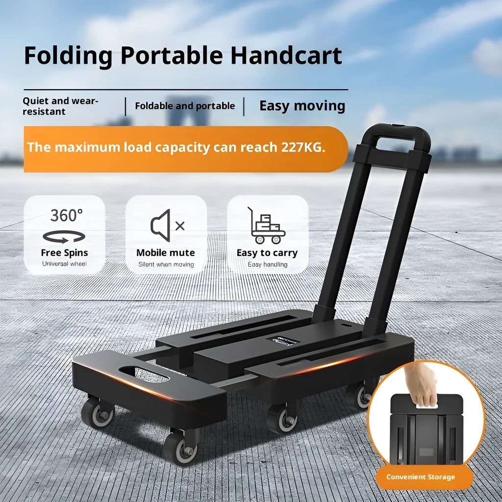 Black direct-supply handcart with silent PU wheels, PP plastic and metal construction for indoor and outdoor moving.