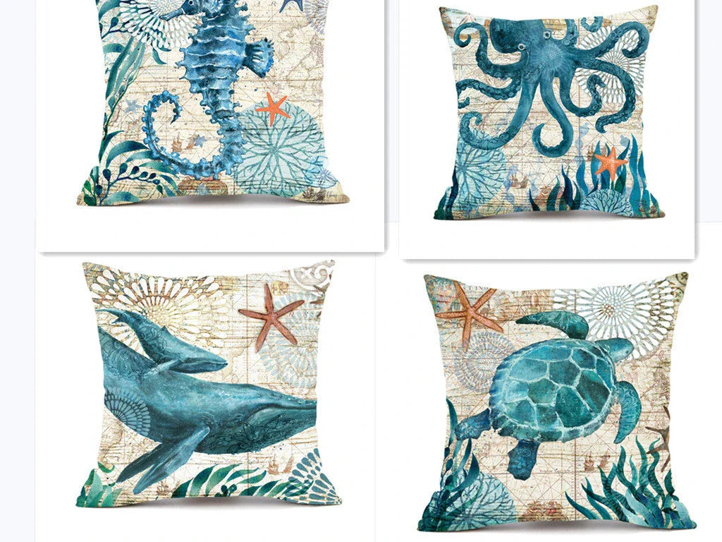 Decorative throw pillow covers featuring various marine-inspired designs like sea turtles, whales, octopus, and more on a linen background