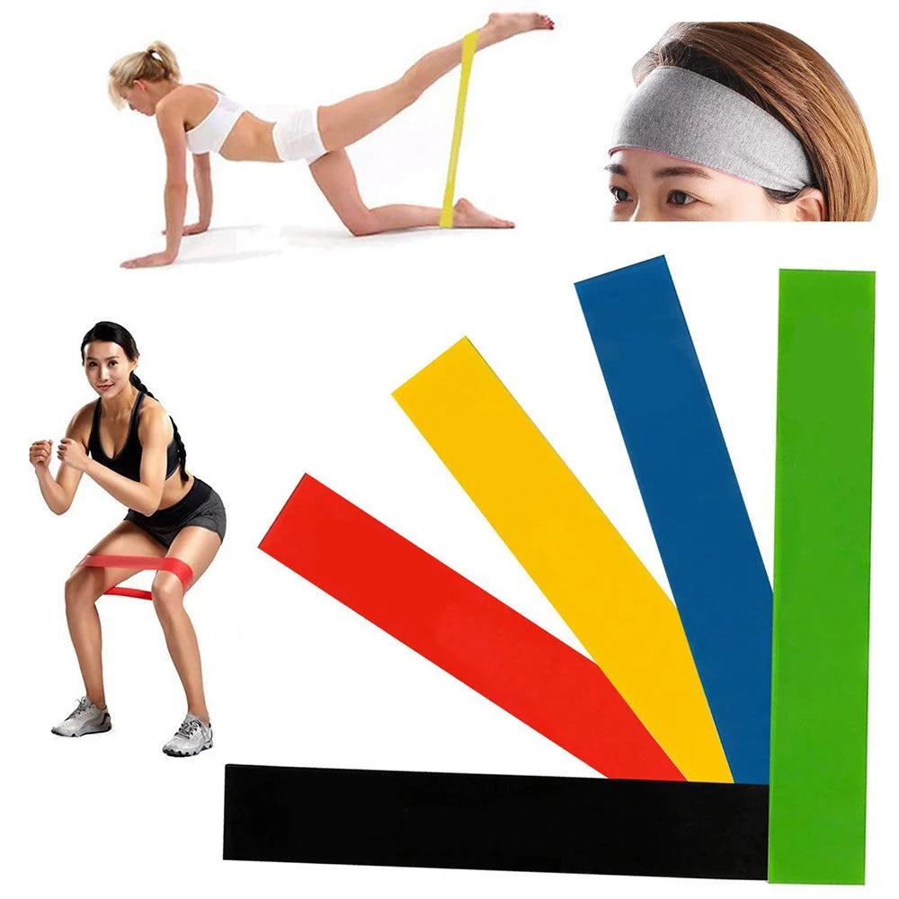Set of five colour-coded resistance bands for yoga and fitness training, with storage bag