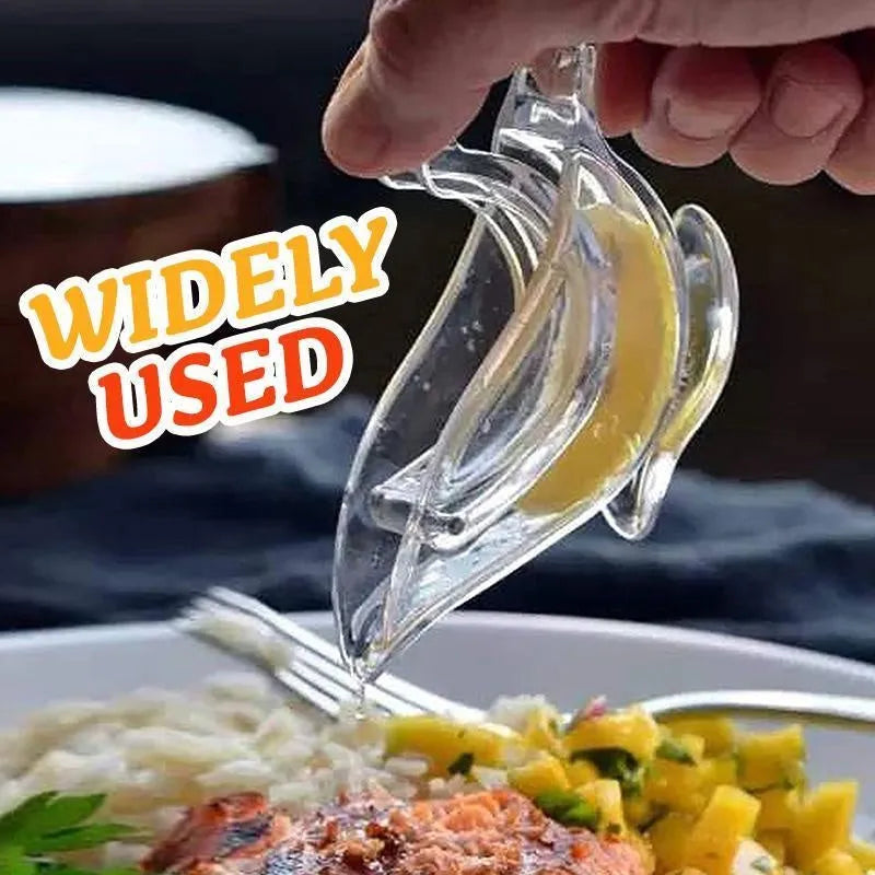 Transparent acrylic manual lemon juicer in the shape of a bird on a kitchen counter.