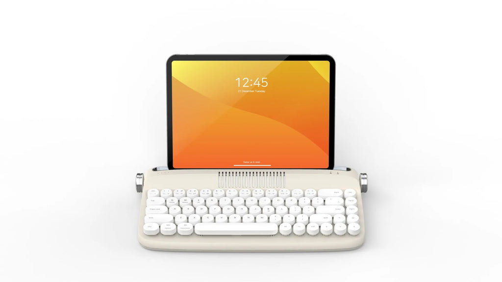 B307 rechargeable retro Bluetooth wireless keyboard in sand beige with white keys, ABS construction