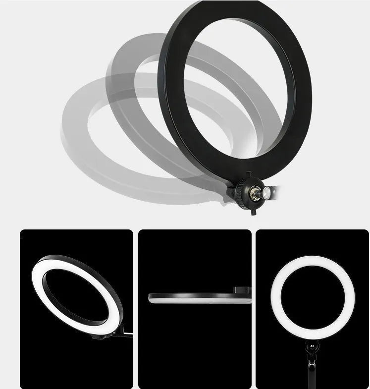 Black floor-standing phone tablet stand with two LED fill lights in vertical folded position