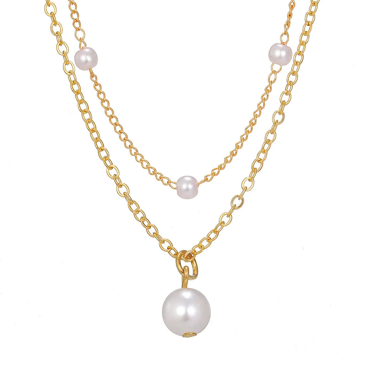 Women's gold double-layer pearl tassel necklace with O-ring chain