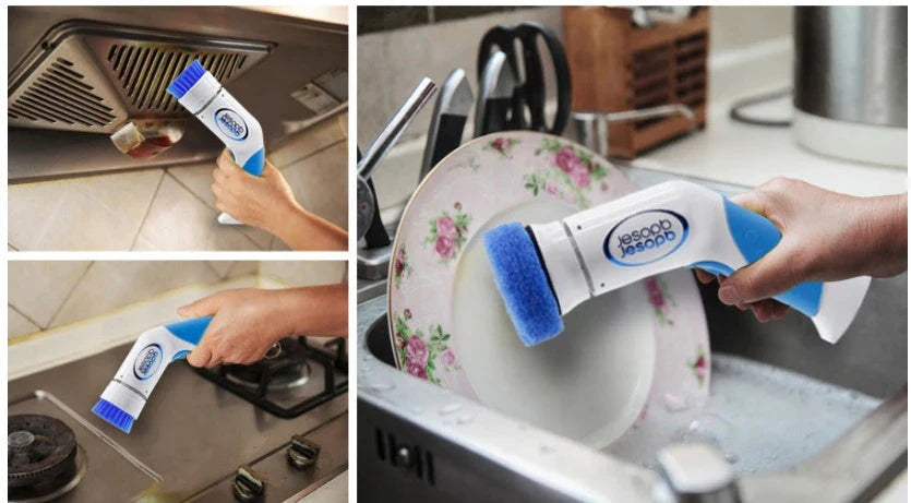 Powerful electric cleaning brush with three brush heads for cleaning ceramic tiles, kitchen appliances, and more