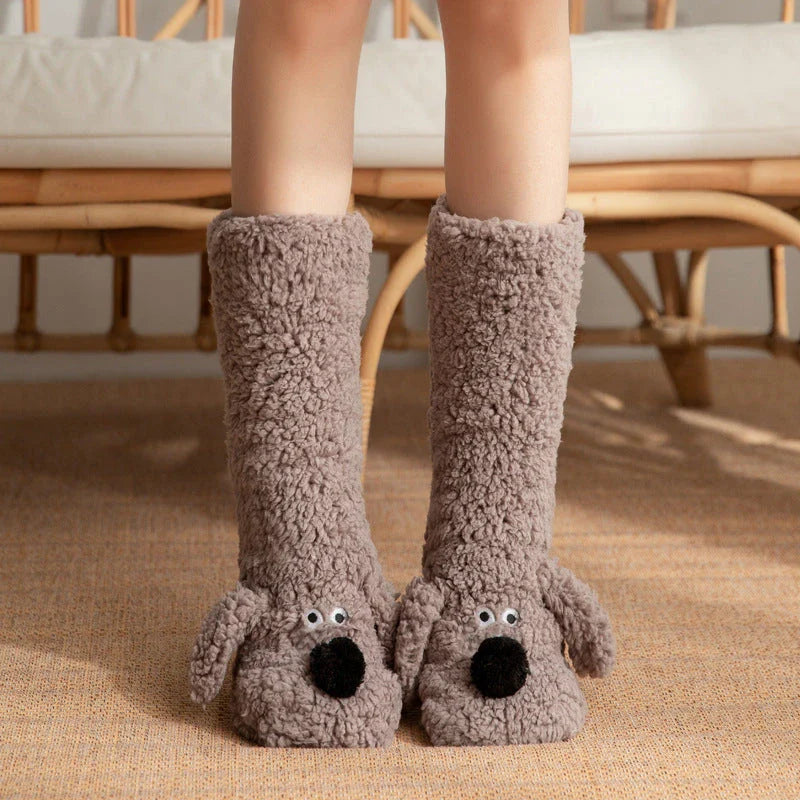 Adorable cartoon dog design plush socks for women, warm and non-slip, perfect for winter.