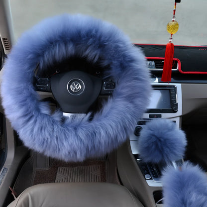 Three-piece wool steering wheel cover showing universal 38cm diameter fit with wool-cashmere blend material