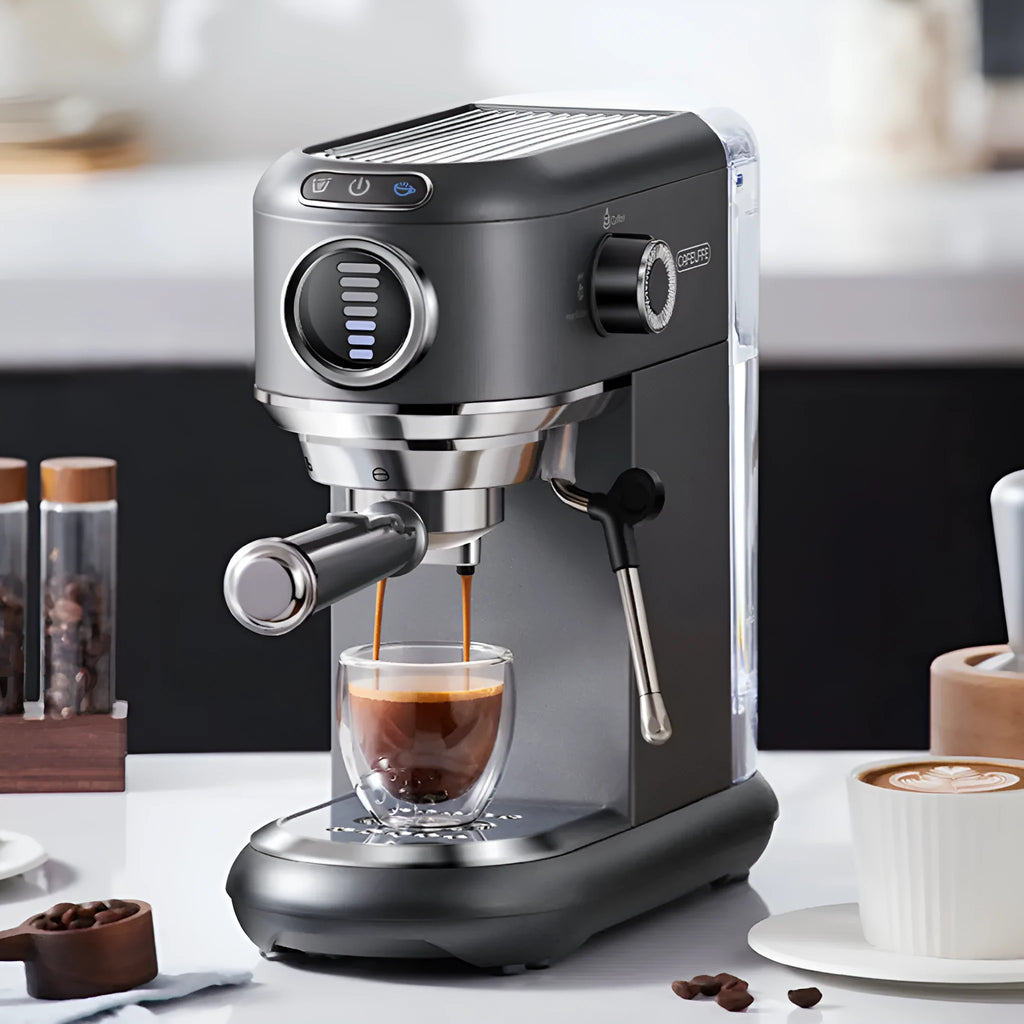 Espresso coffee machine in dark gray with steam wand and control panel on kitchen counter