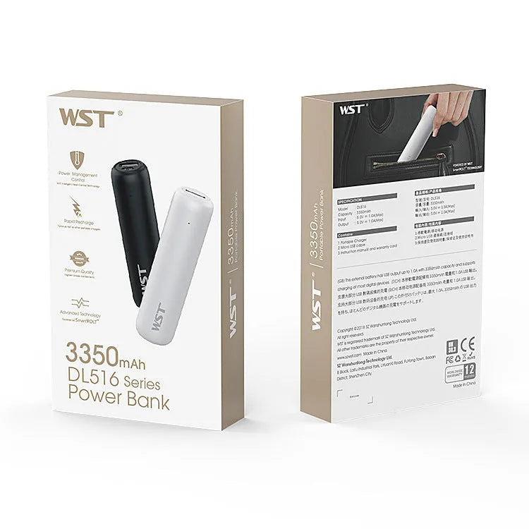 Mini portable pocket power bank 3350mAh cylindrical aluminium shell plastic casing White