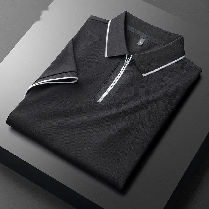 Men's lapel silk business casual top in slim fit with short sleeves and cotton blend fabric