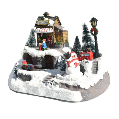 Christmas village LED light music house decoration with rotating figures and colourful lights