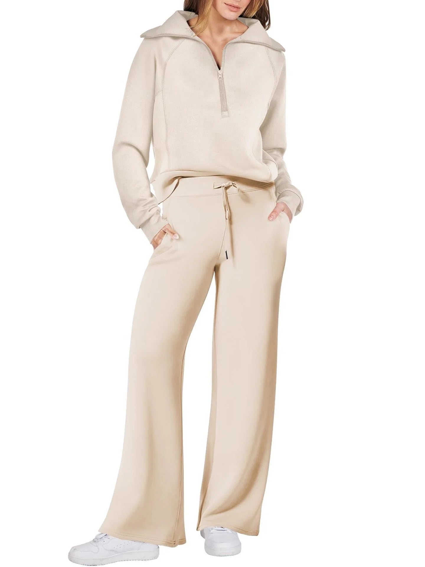Women's leisure sports suit with long-sleeve zipper sweatshirt and wide leg pants in various colours
