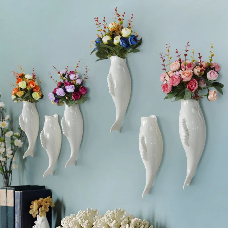 Modern white ceramic goldfish vase wall decoration with three-dimensional design