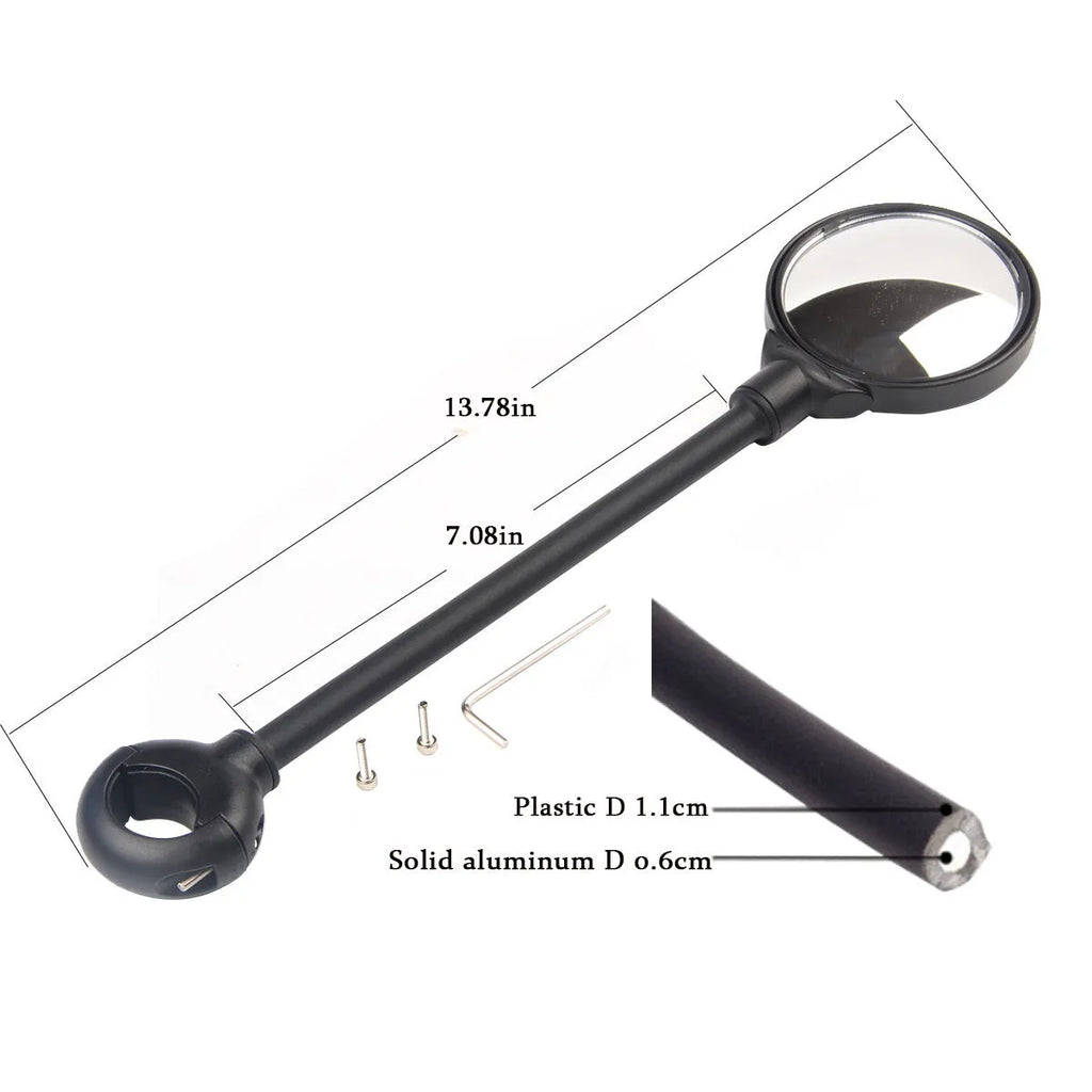 Black metal bicycle rearview mirror with hose adjustment system for handlebar or helmet mounting