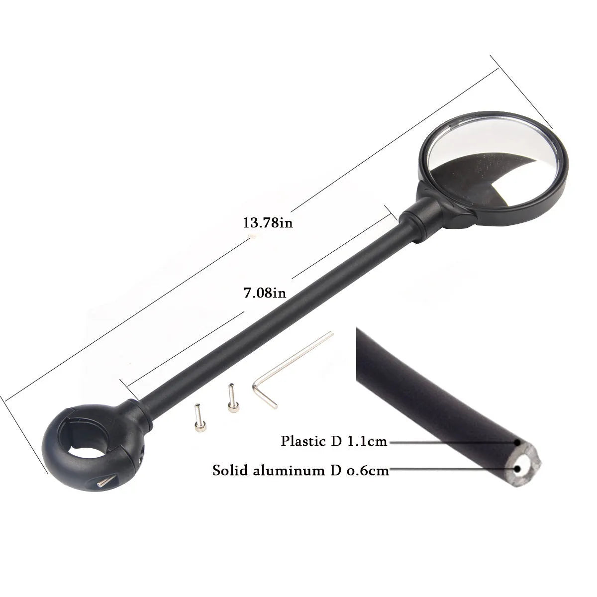 Black metal bicycle rearview mirror with hose adjustment system for handlebar or helmet mounting