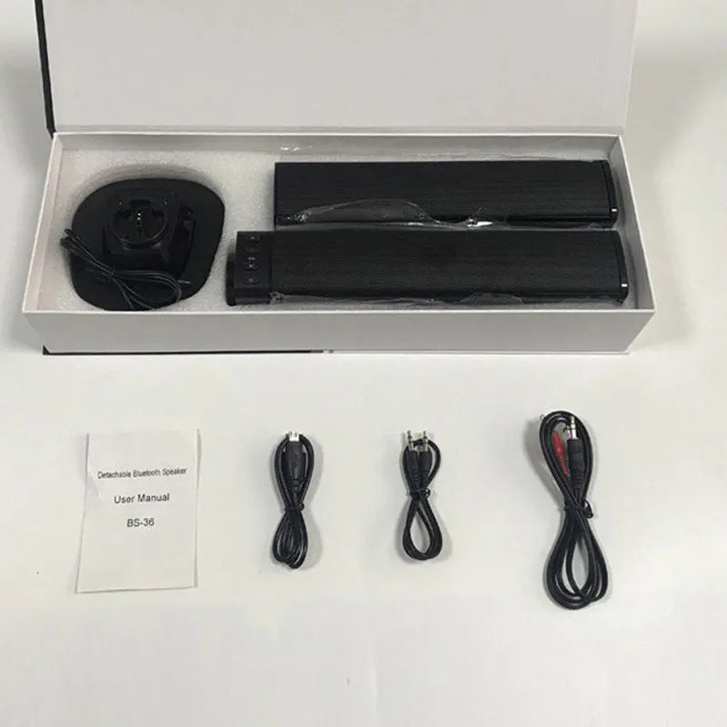 Black foldable split Bluetooth speaker showing dual speaker units with dimensions 490mm x 50mm x 50mm