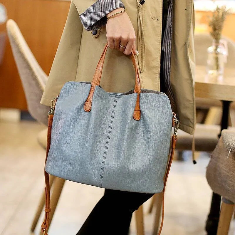 Genuine cowhide leather vertical square tote bag for women, 33cm length, available in five colours including Flax Blue and black
