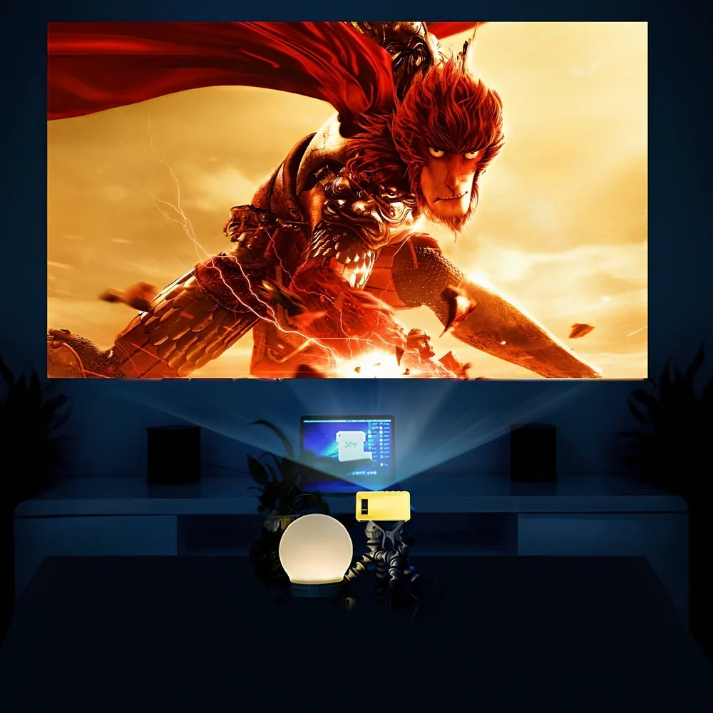 Yellow 1080P LED mini projector with HDMI ports, projecting 80-inch image from 1.2m distance