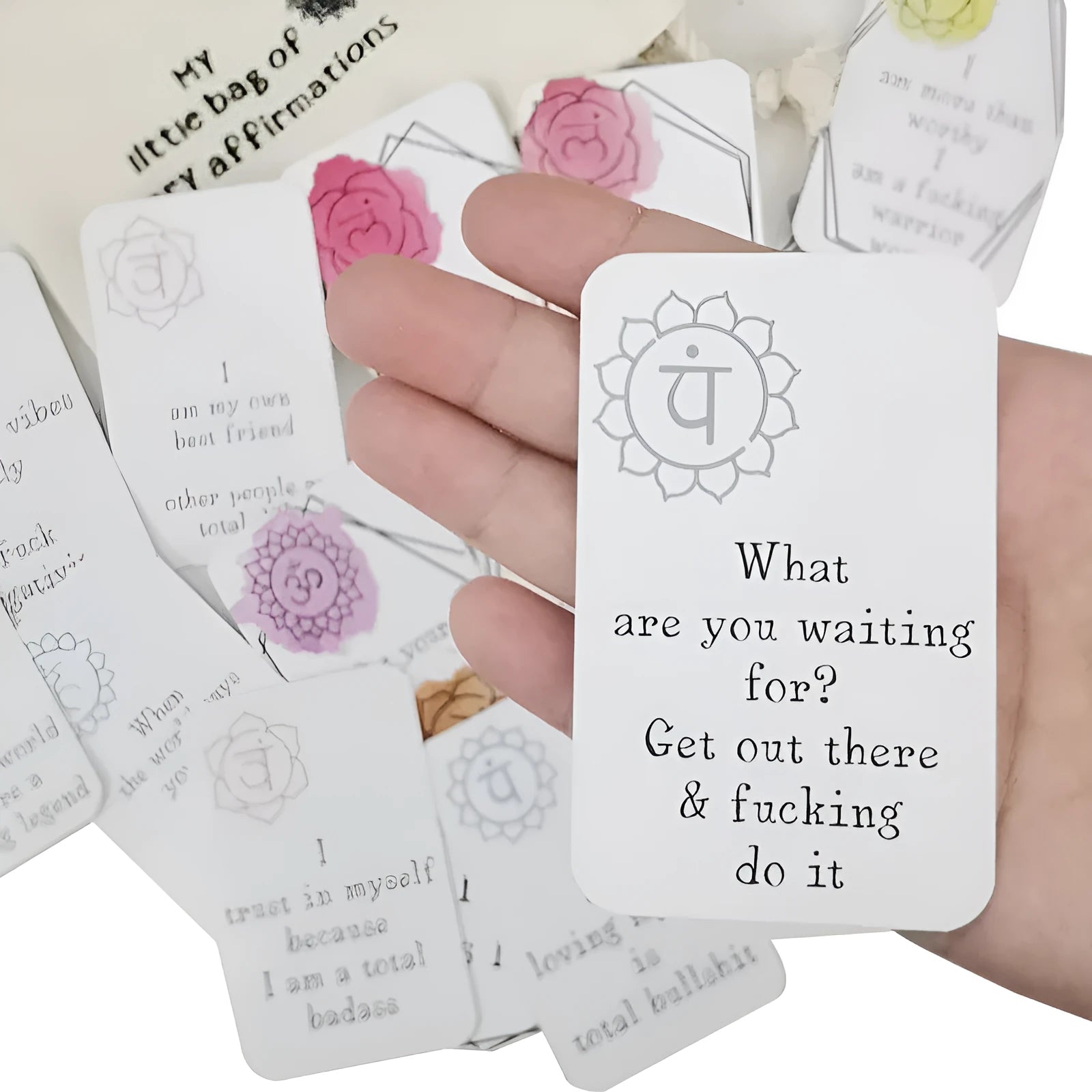 Set of 16 funny affirmation cards with colourful healing series designs in greeting card bag size