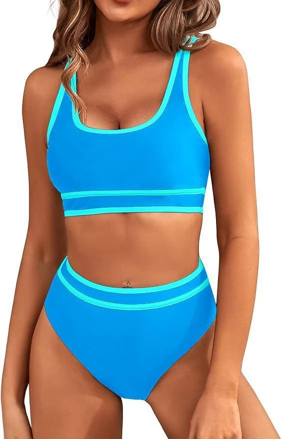 Women's tight-fitting solid colour bikini swimsuit with 15% spandex lining, available in multiple vibrant colours