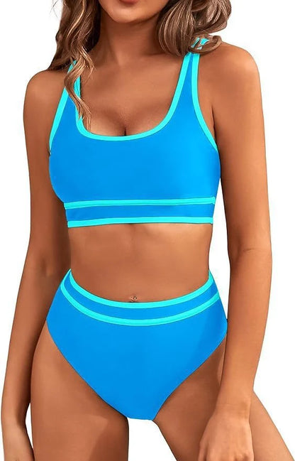Women's tight-fitting solid colour bikini swimsuit with 15% spandex lining, available in multiple vibrant colours