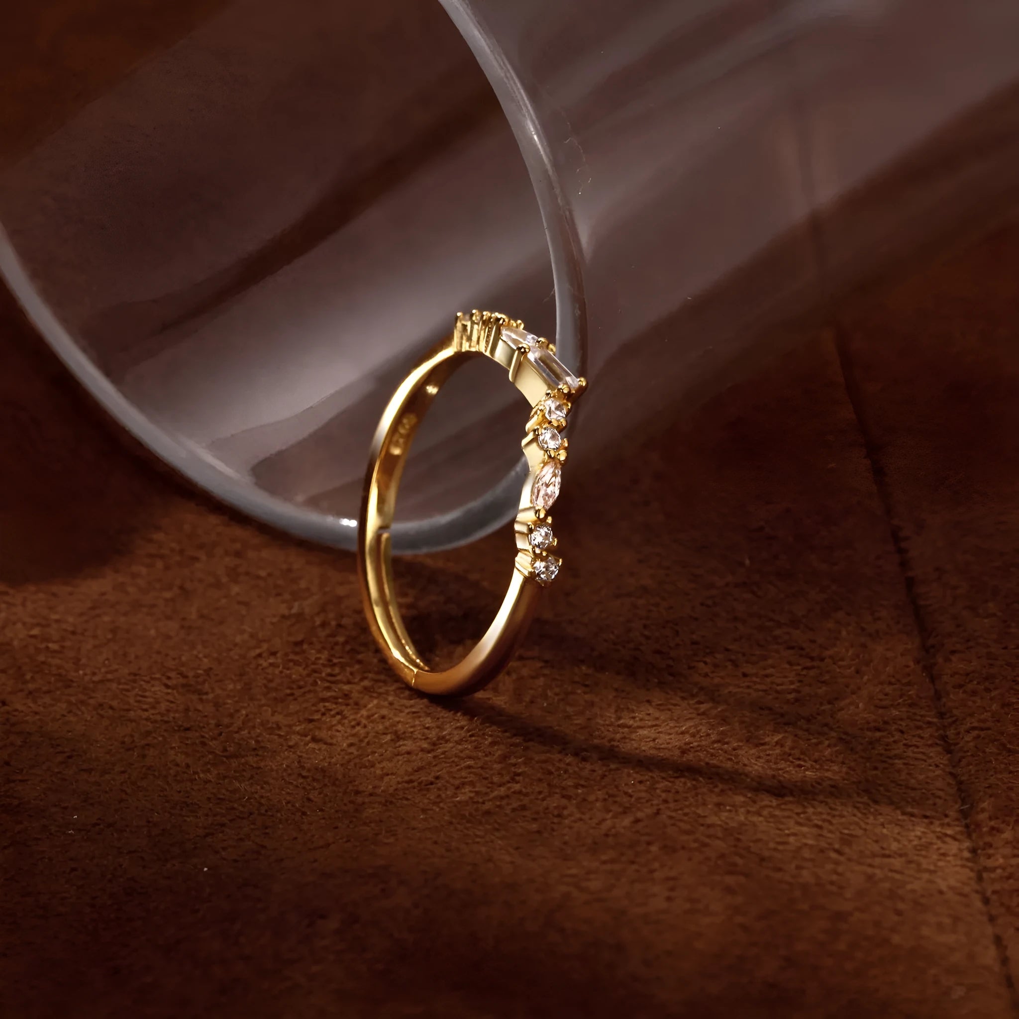 Gold electroplated women's adjustable ring with irregular geometric silver base