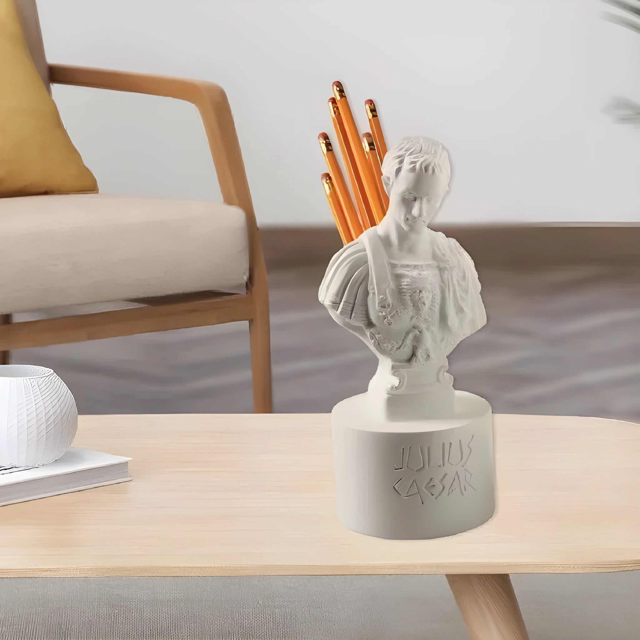 White synthetic resin American creative character model used as a desk pen holder.