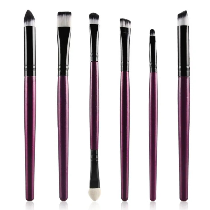 6-piece eye makeup brush set with wood handle and nylon bristles in black, green black, purple black, and white options