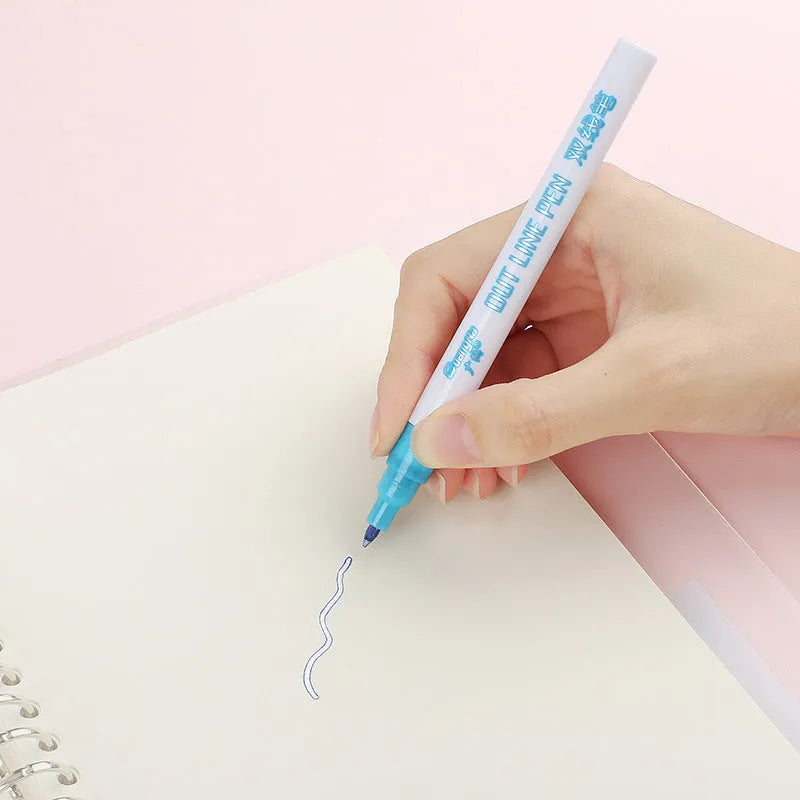 Eight fluorescent highlighter marker pens with transparent barrels and chisel tips arranged beside their 14cm packaging box