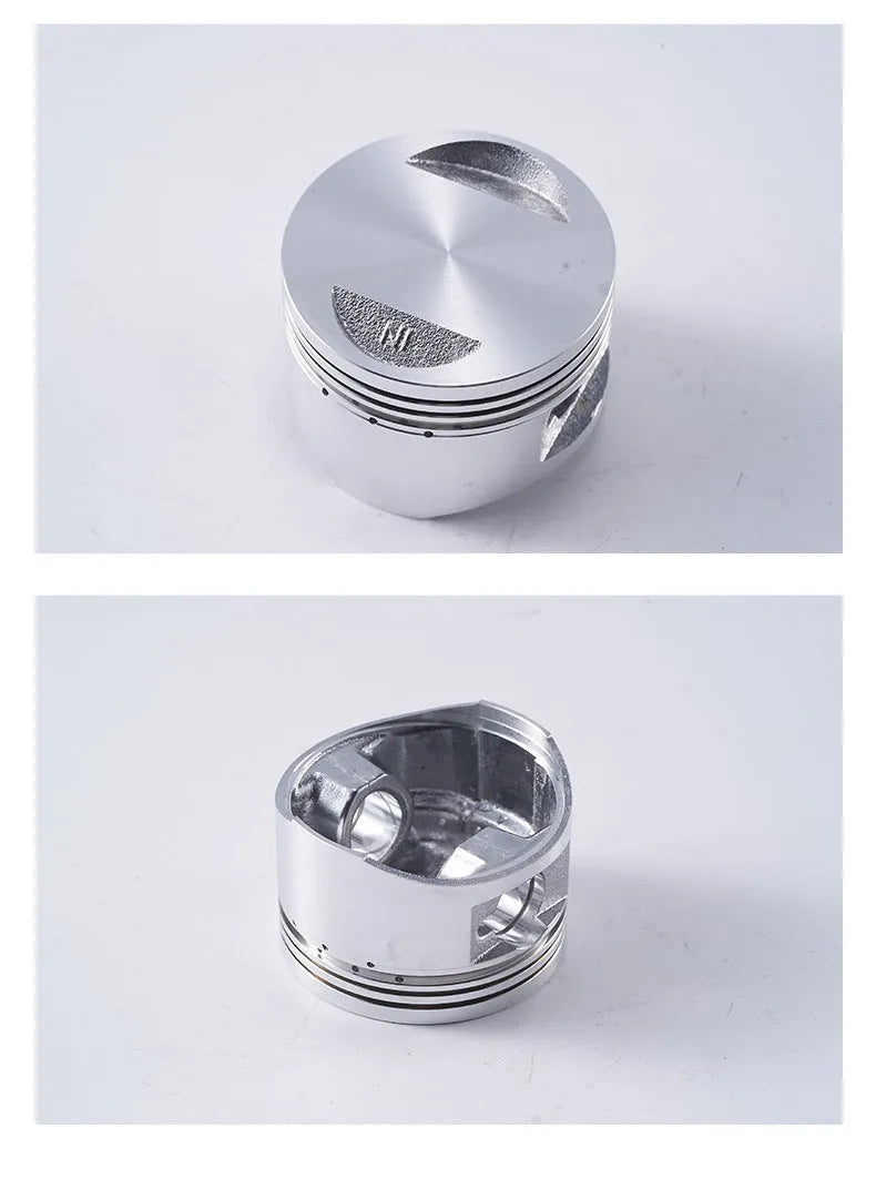 Motorcycle engine piston kit showing aluminium piston, steel oil ring, and pin for 57.4mm cylinder