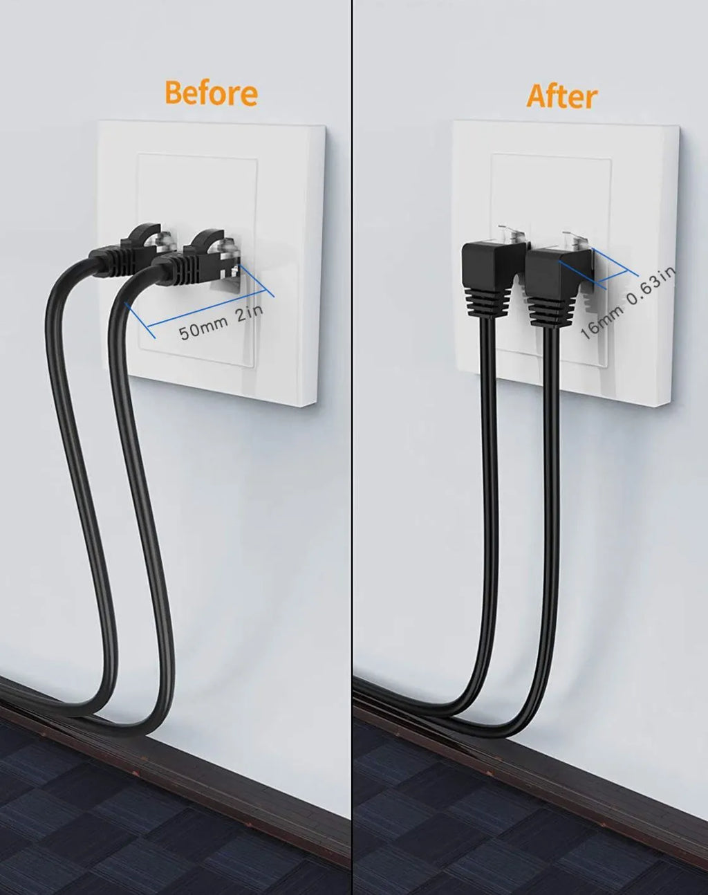 Cat6 Ethernet cable with right-angle RJ45 connector in black, showing metal housing, alongside other colour options.