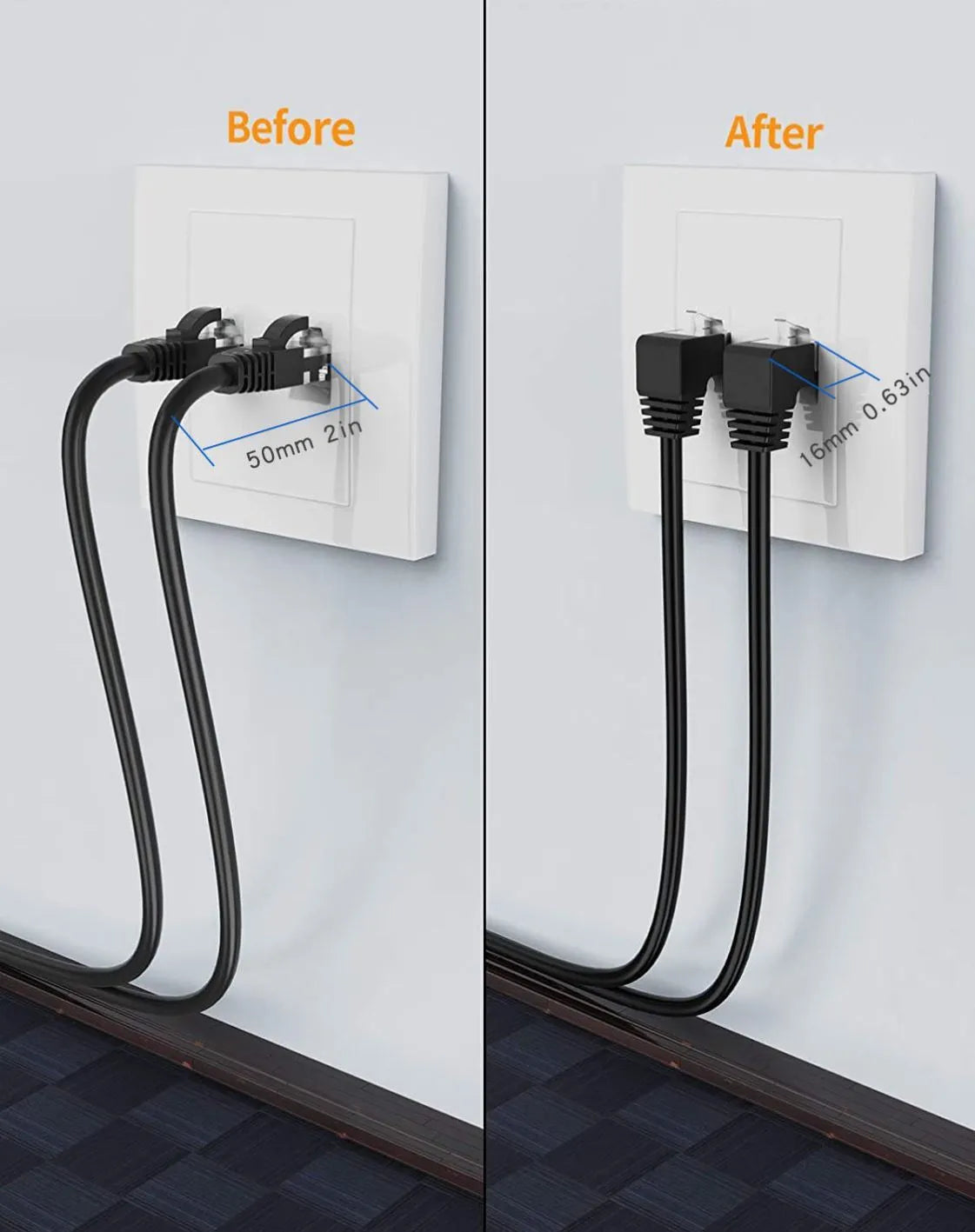 Cat6 Ethernet cable with right-angle RJ45 connector in black, showing metal housing, alongside other colour options.