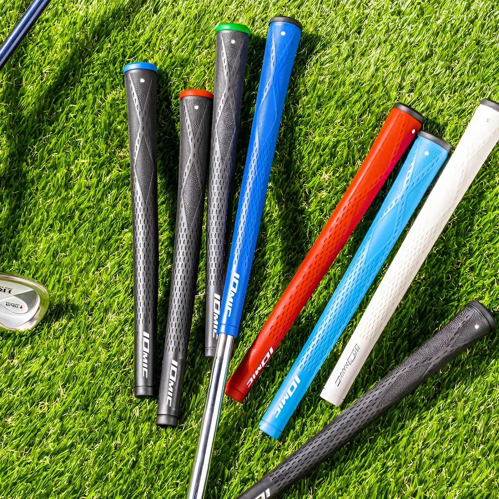 TPE and TPR golf club grip shown in multiple colour options including pink, red, blue, and two-tone designs.