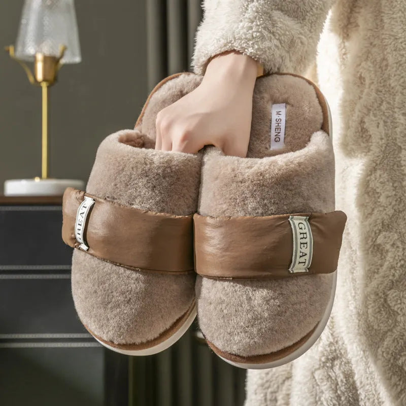 Hook furry slippers for women, beige colour, with plush upper and Velcro strap, on a light background