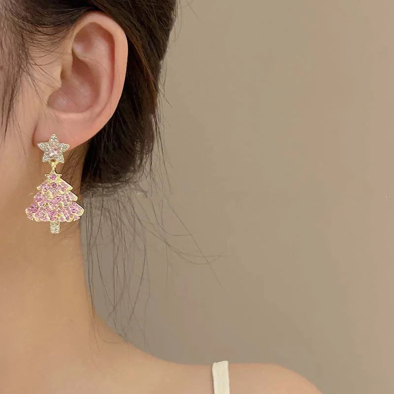 Pink Christmas tree earrings with sparkling zircon details, perfect for holiday parties