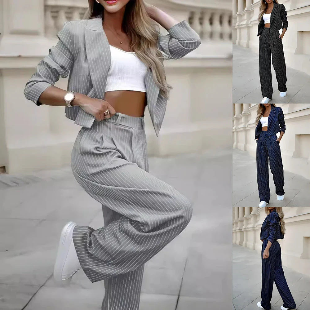 Stylish striped casual suit with cropped top and straight-leg pants in gray, dark blue, and black colors