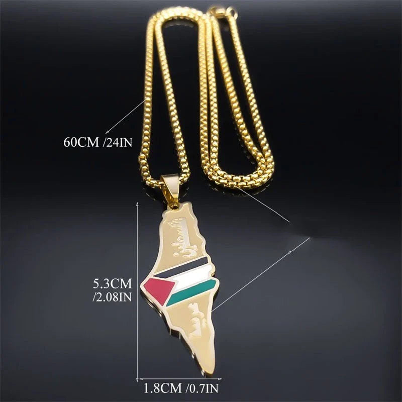 Stainless steel pendant necklace featuring the detailed map of Palestine and Israel in a gold or silver finish