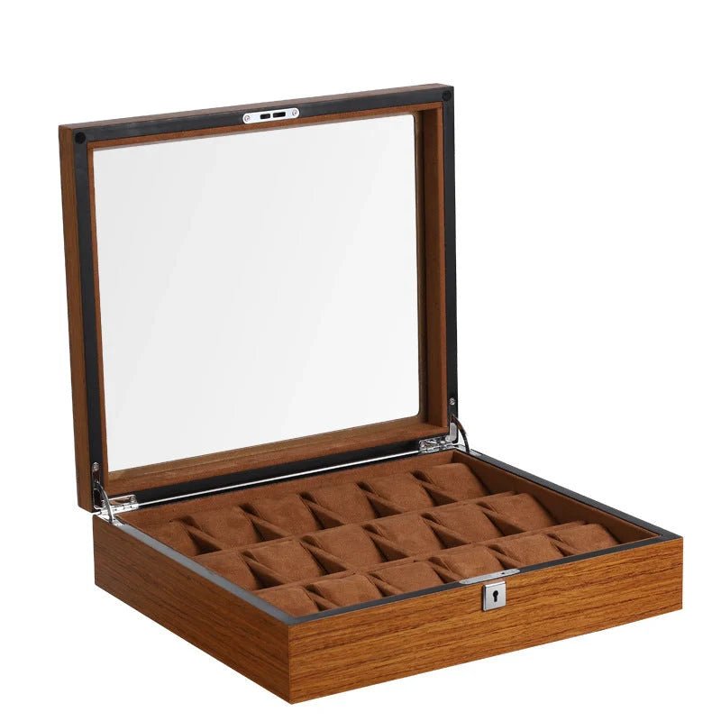 Matte wood grain lock watch storage box with 5 slots, brown finish