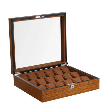 Matte wood grain lock watch storage box with 5 slots, brown finish