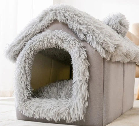 Cozy Pet Cave: Foldable plush dog house with warm removable cushion in various color options