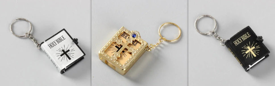 Mini Holy Bible Keychain with Jesus Cross in PVC colour leather, dimensions 4.5x6.0cm
