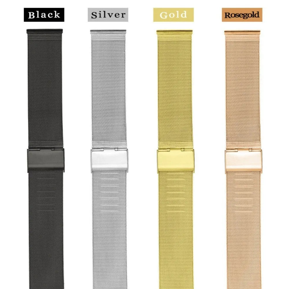 Milani silk woven stainless steel watch band replacement strap showing silver, black, rose gold, and gold colour options