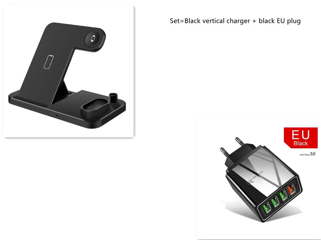 Black 4-in-1 wireless charging station showing phone on adjustable stand, with Apple Watch and AirPods charging on the base.